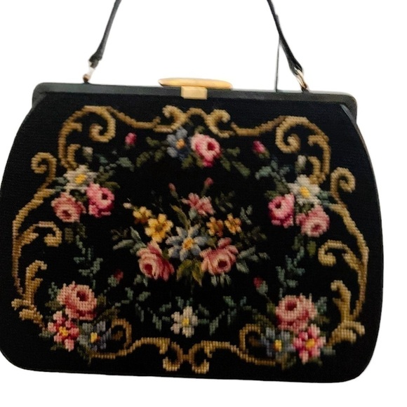 Vintage Tapestry Carpet Bag Purse Leather Trim Handle Large Floral Rare 1950s - Picture 3 of 13